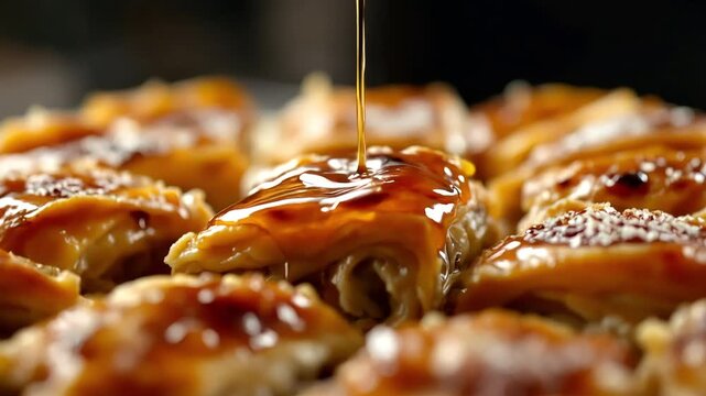 Closeup of baklava being drizzled with syrup, a sweet and flaky pastry