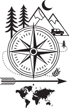 Compass and world map travel design. Navigation, adventure, direction, journey, exploration, mountain, road trip, outdoor, global travel concep