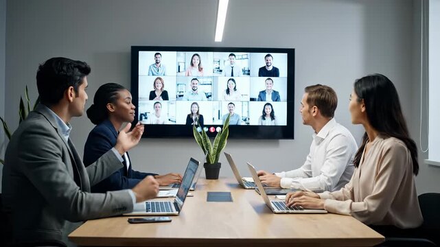 Team meeting in conference room with virtual participants. Professionals collaborate using laptops and video conference technology. Dynamic discussion fosters teamwork and innovation.