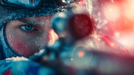 Winter Athlete Focusing with Visible Breath and Snow Bokeh.