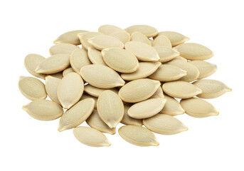 Isolated heap of natural beige pumpkin seeds, uncooked seed kernels, nutritious snacks