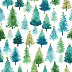 Seamless pattern of hand-painted Christmas trees, watercolor illustration style