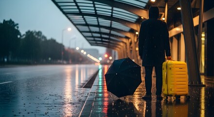 A person with a suitcase and umbrella waiting in the rain at a bus stop under a metallic canopy roof