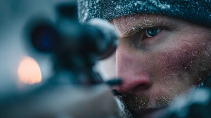 Snow Sparkle Bokeh Around Biathlete in Action.