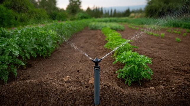 Top Down View of Precision Sprinkler System in a Garden with Green Vegetation and Soil