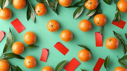Tranquil green background with abundant tangerines