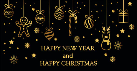 Christmas tree decorations in gold color on a black background - Vector illustration