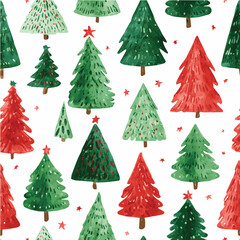 Seamless pattern of hand-painted Christmas trees, watercolor illustration style