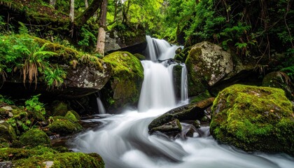 Lush Green Forest Waterfall Flowing Over Moss Covered Rocks With Sparkling Lights Amidst Dense Trees