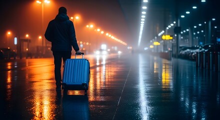 A man walking with a suitcase on a wet city street at night with streetlights in the background