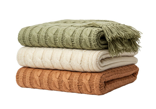 Isolated knit blankets in a stack, comfortable, cozy looking home decor, texture, warm, soft