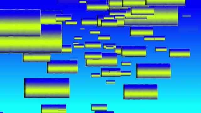 Blue and yellow geometric shapes moving across futuristic sky-blue background.