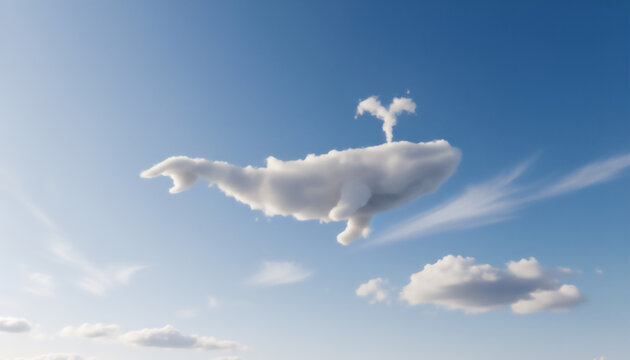 青空に浮かぶクジラの形をした雲　幻想的で夢のある空の風景背景　ナチュラルでファンタジックなデザイン素材やポスター、子ども向けアートに最適な爽やかな雲景イメージ