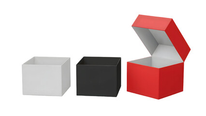 Three open empty gift boxes in white black and red colors for presents and product packaging isolated on transparent background