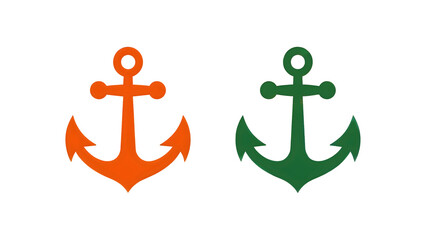 Two colorful anchors orange and green nautical symbols representing stability and maritime themes isolated on transparent background