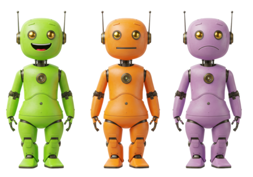 Isolated happy, neutral, and sad robots, each with a different color, standing in a row - Powered by Adobe