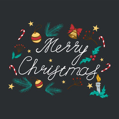 Merry Christmas calligraphy lettering isolated on dark web background with holiday elements - Vector illustration