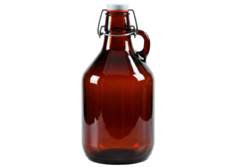 Isolated amber glass growler with handle and flip-top lid for craft beer or home brewing
