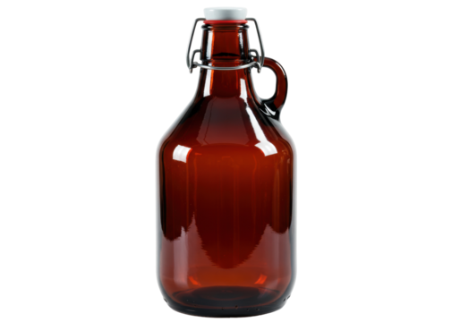 Isolated amber glass growler with handle and flip-top lid for craft beer or home brewing
