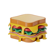 Vibrant 3D cartoon sandwich featuring melted cheese dripping over toast ham tomato and lettuce isolated on transparent background