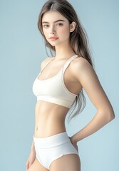 Obraz premium Attractive Young Woman in White Sports Bra and Underwear Posing Against Light Blue Background