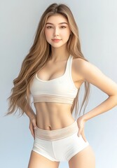 Fototapeta premium Attractive Young Woman with Long Brown Hair in Stylish White Sports Bra and Shorts