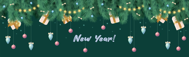 Christmas branches with festive balls and garlands, Happy New Year and Merry Christmas greetings on a dark background - Vector illustration