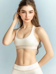 Obraz premium Attractive Young Woman in Beige Sports Bra and Leggings Fit Body Healthy Lifestyle