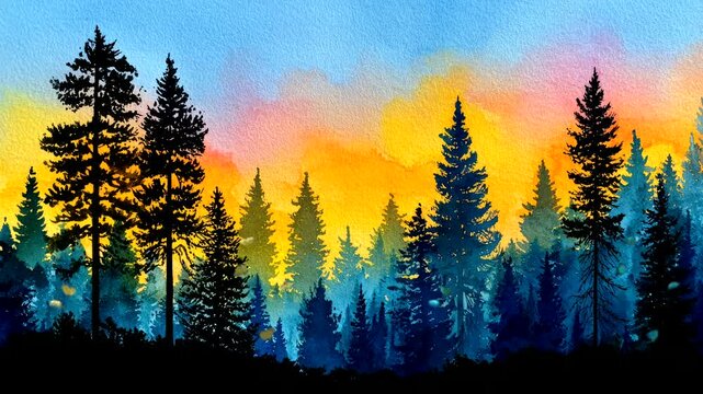 Silhouette of pine trees against the colorful sunset sky. This image evokes a sense of tranquility and the beauty of nature.