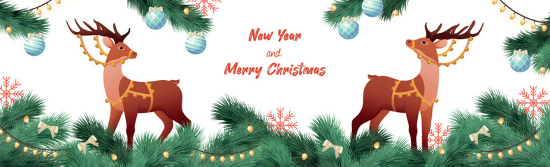 New Year reindeer Christmas background with holiday elements - Vector illustration