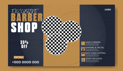 Stylish bearded man posing in a modern barber shop advertisement with discount offer.
Modern barber shop advertisement with vintage style featuring haircuts and grooming services