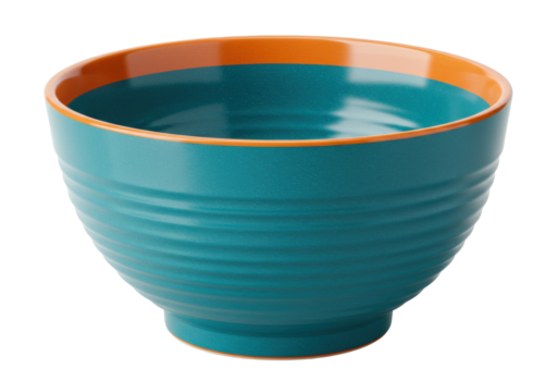 Isolated teal ceramic bowl with orange rim on display for food products in studio shot