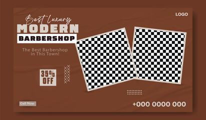 Stylish bearded man posing in a modern barber shop advertisement with discount offer.
Modern barber shop advertisement with vintage style featuring haircuts and grooming services