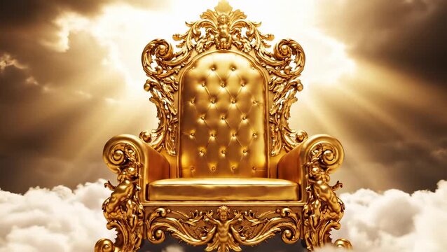 Gilded throne surrounded by clouds emits divine light. Luxurious ornate chair symbolizes power and royalty. Dreamy atmosphere enhances elegance and grace.