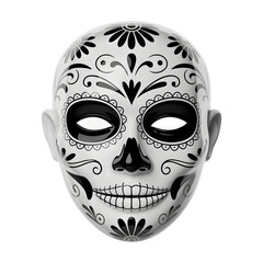 White sugar skull mask with intricate black floral patterns for Day of the Dead celebration isolated on transparent background