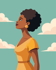 A strong woman looking up at the sky. Freedom, feminism, female dignity concept.