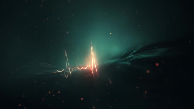 Glowing animated heartbeat waveform against a dark teal background with particles and ethereal elements