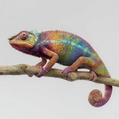 Obraz premium A chameleon clings tightly to a small twig, its coiled tail dangling freely against a bright white background.