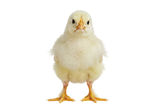 Isolated little yellow chicken, close-up studio shot of an adorable baby animal with fluff