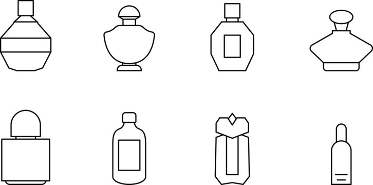 Perfume stroke outline icons set isolated on white background. Perfume bottles line icons. Glass sprayer, luxury parfum sampler, cologne outline pictogram for cosmetic store illustration.