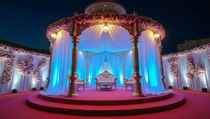 Opulent mandap wedding stage featuring gold pillars, a dome canopy, lush pink and white florals, flowing white drapery, and soft blue and red lighting with elegant white seating.