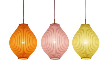 Isolated Three pendant lights of different colors against a clean, uncluttered view with lights inside