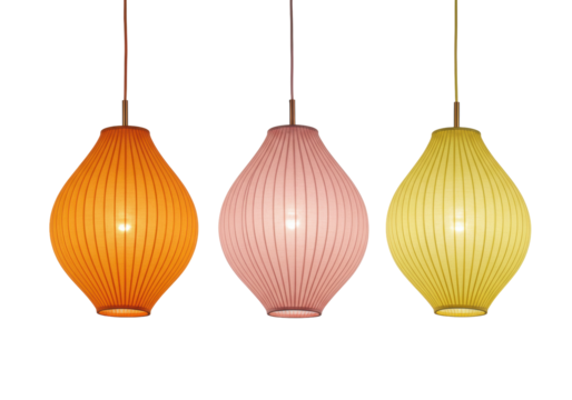 Isolated Three pendant lights of different colors against a clean, uncluttered view with lights inside