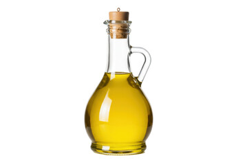 Isolated vintage glass decanter bottle with cork filled with yellow oil, handle, olive oil