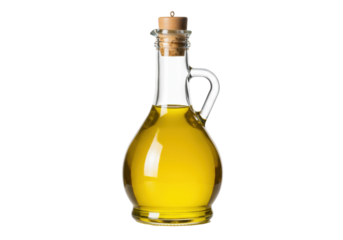 Isolated vintage glass decanter bottle with cork filled with yellow oil, handle, olive oil
