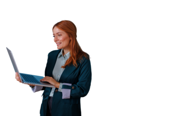Professional businesswoman smiling and working on laptop, managing online tasks with digital technology, transparent background