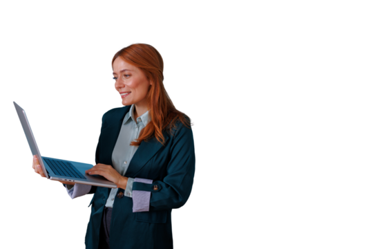 Professional businesswoman smiling and working on laptop, managing online tasks with digital technology, transparent background