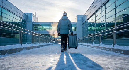 Person walking with luggage on a snowy walkway near a modern building on a sunny winter day