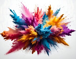 Explosive burst of vivid, multi-colored powder against a plain white backdrop