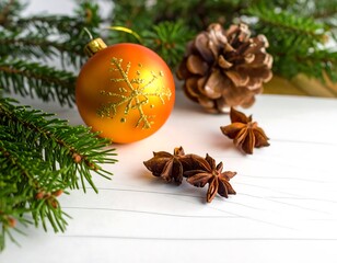 Festive arrangement ornament, pine cone, star anise, and evergreen boughs